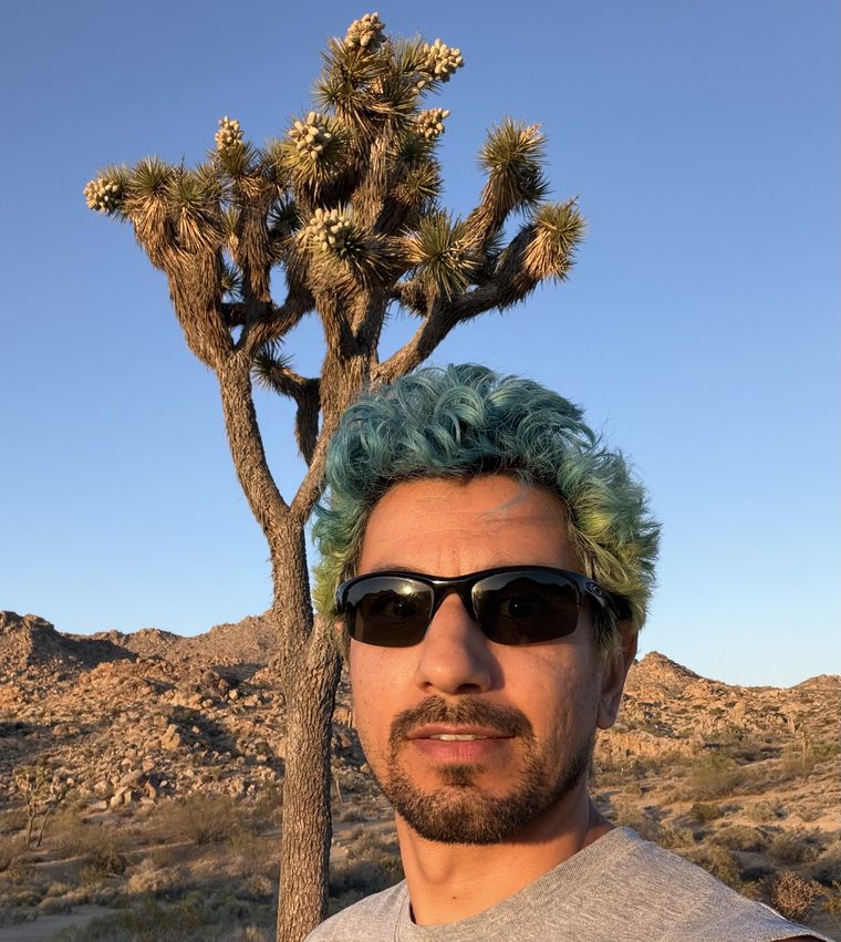 Kenny Easwaran in 2026, with teal hair and sunglasses, in front of a Joshua tree